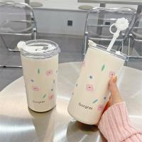 ราคา INS แก้วเยติ แก้วเก็บความเย็น 480ML มีหลอดดูด ทรงกระบอก ลวดลายดอกไม้ เกาหลี กระติกน้ํา (21655241149)