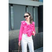 ราคา เสื้อคอวีระบายหน้าเชือกรูดเอว ไฮโซ (21507884323)