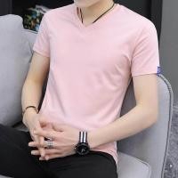 ราคา เสื้อยืดแขนสั้นผู้ชายคอวีผ้าฝ้ายฤดูร้อนเสื้อผ้าผู้ชายแขนสามส่วนผ้าวิสคอสเข้ารูปสีชมพู (14107651287)