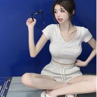 ราคา Laz Nigori Set For Women V Neck Short Sleeve T Shirt Korean Version Casual Cropped Top Shorts Set (16600515592)
