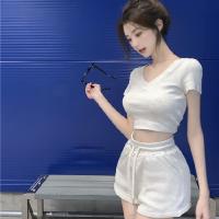 ราคา Laz Nigori Set For Women V Neck Short Sleeve T Shirt Korean Version Casual Cropped Top Shorts Set (16600515599)
