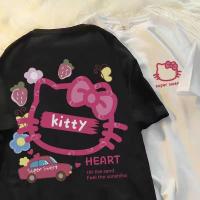 ราคา เสื้อยืดแขนสั้นลายแมวคิตตี้แบบหลวมสำหรับผู้หญิงเสื้อพิมพ์ลายคอกลมหน้าและหลังแบบเรียบง่ายแฟชั่น (20887497501)