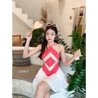 ราคา TTshop พร้อมส่ง เสื้อสายเดี่ยวผูกโบว์ที่คอ ผ้าไหมพรมทอลายดีไซน์ทรงเสื้อคล้ายๆผ้าเช็ดหน้าผูกหลัง (21600677502)