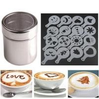 ราคา 1ชุดสแตนเลสขวดใส่ช็อคโกแลตแป้งโกโก้ที่โรยกาแฟ With16Pcs แม่แบบลายฉลุกาแฟแผ่นโรยเครื่องมือโรยผง (17177535816)