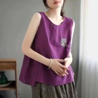 ราคา Cotton and linen loose fitting sleeveless patchwork womens tank top (19365026925)