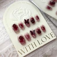 ราคา HANDMADE Artificial Nail Spice Girl Wine Red Camellia Butterfly Phototpy Nails Reusable and Removable Nails (20226236590)