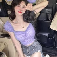 ราคา เสื้อครอปดีเทลแต่งระบายที่ขอบแขนเสื้อ ครอปคอวีสีล้วนเนื้อผ้าฝ้าย เสื้อผ้าผู้หญิงราคาถูก (15015939184)