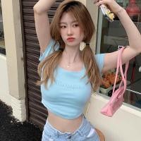 ราคา เสื้อยืดคอเหลี่ยมแขนสั้น เเต่งเอวลอย สีพื้น สไตล์เกาหลี (21298056506)
