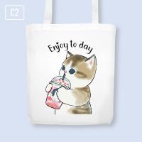 ราคา กระเป๋าผ้าแคนวาสลายน้องเหมียว เปลี่ยน เพิ่ม ข้อความได้ฟรี กระเป๋าผ้าลายแมว ถุงผ้า (14373140072)