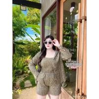 ราคา สาวอวบ ชุดเซ็ตสาวอวบ เซ็ต 3 ชิ้น สายเดี่ยว เสื้อคลุม กางเกงขาสั้น ลายกราฟฟิก อก 38 40 42 44 45 (20369304224)