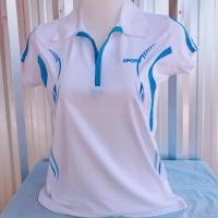 ราคา เสื้อออกกำลังกาย เสื้อกีฬา Sports สีขาวแถบฟ้า คอปก คอวี เนื้อผ้าคุณภาพสูง Polyester (21470673358)