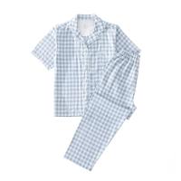 ราคา MUJI MUJI MUJI pajamas womens plaid short sleeved thin summer cotton double layer yarn mens long shorts home service set (19604569417)