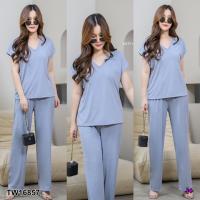 ราคา TW16857 Set สาวอวบ 2ชิ้น เสื้อคอวี ไหล่ล้ำ กางเกงขายาว (16954785062)