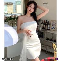 ราคา TW18962 เดรสสั้นเกาะอกซิปหลัง แต่งผ้ามุ้งผูกเอวข้าง (21395668462)