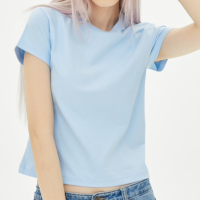ราคา เสื้อยืด เบบี้ที Baby Tee พาสเทล แขนสั้น คอกลม ครอป เอวลอย CROP T shirt cotton100 สีฟ้าอ่อน (21379115468)
