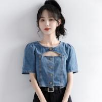 ราคา HOT14 เสื้อเชิ้ตยีนส์ เสื้อเชิ้ตยีนส์แขนสั้น สไตล์หวาน แจ็คเก็ตยีนส์ผู้หญิงแขนสั้น (20916693519)
