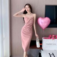ราคา 7851 pink เดรสยาวรัดรูป สีชมพู สายเดี่ยว ไปทะเลผู้หญิง เกาะอก คนอ้วน โชว์หลัง แฟชั่น ชุดออกงานเรียบหรู (21416211860)