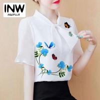 ราคา Stock Casual Women Blouses Summer Fashion Short Sleeve Bow Shirts Korean Floral Print Tops Womens Plus Size Popular (20899299092)