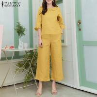 ราคา ZANZEA เสื้อคอปาดผู้หญิงแขน3 4กางเกงกระเป๋าด้านข้างชุดผ้าลินินผ้าฝ้ายแข็ง 8 (21576690482)