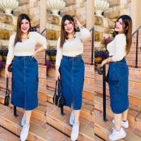 ราคา PP701 กระโปรงยีนส์ Zaraผ่าหน้า ทรงA ผ้าด้านยืดนิดหน่อย (21228688923)