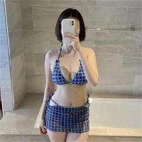 ราคา Loonie Blue บิกินี่ลายตารางสีน้ำเงิน พร้อมกระโปรงคลุมในเซต (21642581478)