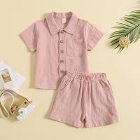 ราคา อเมซอน ฤดูร้อนผ้าฝ้ายและผ้าลินินสไตล์ลำลองแขนสั้นปก Polo เสื้อเชิ้ตสีทึบเด็กชายฤดูร้อนชุดสองชิ้น (21709644214)
