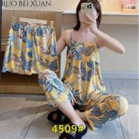 ราคา Ruo Bei Xuan ชุดนอนกางเกงขายาวสายเอี๊ยมเซ็กซี่สำหรับผู้หญิงเซตสามชิ้น Pakaian Rumahan กางเกงผ้าไหมนมใหม่ฤดูร้อน ลาย ดอกไม้เสื้อผ้าผู้หญิงเสื้อผ้าแฟชั่นผู้หญิงชุดนอนหญิงถูกๆชุดนอนสายเดี่ยวกางเกงใส่นอนช