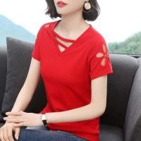ราคา เสื้อยืดแขนสั้นของผู้หญิงเสื้อทรงหลวมคอวีสีดำลายฉลุสำหรับฤดูร้อน (10162143876)