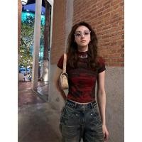 ราคา เสื้อยืดผู้หญิง เสื้อยืดแขนสั้นพิมพ์ลายวินเทจสไตล์ยุโรปอเมริกาเสื้อตัวในคอเต่าเข้ารูปแฟชั่น (21836918113)