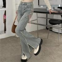 ราคา NICK กางเกงผู้หญิงขาบานขอบดิบกางเกงเอวสูงยาวยางยืดขาบานเล็กน้อยชุดเอี๊ยมผ้ายีน (21643090473)