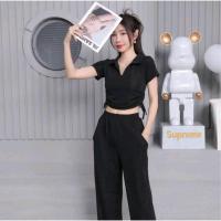 ราคา ชุดเซ็ทผู้หญิง ชุดเว็ทเสื้อเปิดเอวกางเกงขายาว เสื้อครอปแขนสั้น เชือกรูดข้าง เอวลอย กางเกงขายาว TZ818 (21782972515)