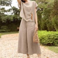ราคา Esolo ZANZEA ชุดลำลองสำหรับผู้หญิง2ชิ้นชุดเสื้อยืดคอกลมเสื้อสตรีปักลายเสื้อเอวยางยืดสูทกางเกงขาม้า 15 (21772924510)