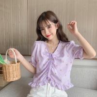 ราคา เสื้อเบลาส์ ปลายแขนแต่งระบาย ลายดอกไม้ ข้างหน้าสามรถดึงขึ้นได้ แฟชั่นเกาหลี เสื้อผู้หญิง Kori 105 (16171308651)