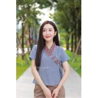 ราคา เสื้อผ้าฝ้ายพี้นเมืองคอวีป้ายผูกอกแต่งขอบผ้าทอ (20855170616)