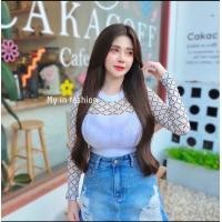 ราคา เสื้อครอป แขนยาว ซีทรูปักเพรช งานขายดี (21421557555)