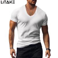 ราคา Mens V Neck Shirts Summer Short Sleeve Gym Athletic T Shirts Casual Slim Fit Plus Size Muscle Workout Tee Tops (21676844077)
