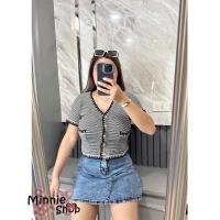 ราคา เสื้อครอปไหมพรมสาวอวบ แขนสั้นกระดุมหน้ามีกระเป๋าแต่ง 2ข้าง (20569535451)