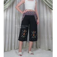 ราคา กางเกงขา 5 ส่วน ผ้าฝ้าย ผ้าหม้อห้อม ปักมือ แต่งลายพิมพ์ มีกระเป๋า (21026864378)