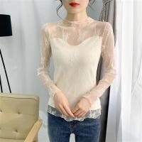 ราคา เสื้อเบลาส์เย็บปักขนาดใหญ่พิเศษลูกไม้สำหรับผู้หญิงผ้าตาข่ายคอสูงครึ่งเสื้อซับในแขนยาวแบบบางพอดี (21361247428)