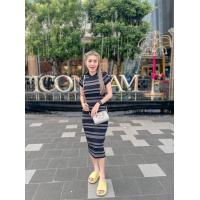 ราคา ชุดเดรสคอกลมแขนสั้น ทอลายคาดหยัก งานใส่สบายๆ ชุดเดียวก็เที่ยวได้ (21467347121)