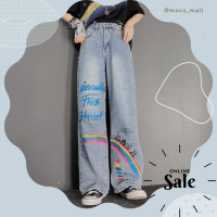 ราคา กางเกงยีนส์เอวสูงทรงกระบอก กางเกงยีนส์สกรีนลายการ์ตูน ลายสายรุ้ง (20863091616)