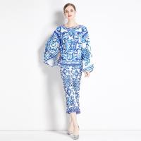 ราคา Womens New Two Piece Set Spring and Autumn Round Neck Large Bay Sleeve Loose Top Twill Bell Bottom Pants Blue and White Porcelain Printed Two Piece Set (20146327774)