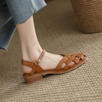 ราคา French braided Roman shoes soft leather summer flat half pack hollow sandals niche toe toe sandals female fairy style (20836507218)