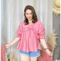 ราคา พร้อมส่ง เสื้อคอวีแขนตุ๊กตา แต่งระบายสาวอวบ Free size 32 46 นิ้ว เป็นผ้าลินิน (20898991846)