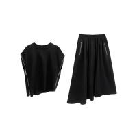 ราคา XITAO Black Casual Dress Sets Loose Simplicity Zipper Splicing Bat Wing Short Sleeve Top Skirt Two Pieces Sets HQQ0825 (21907750184)