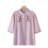 ราคา มีไซส์ใหญ่ Plus Size Womens XL 4XL Cotton Linen 3 4 Sleeve Summer Blouses Ladies Office wear Floral Embroidery Female Tops Vintage Button Up Top (21674338791)