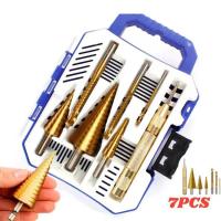 ราคา 7 Pcs of step drill woodworking pull slot saw drill center punch set set of triangular handle drill bit high speed steel pagoda drill set (21694055915)