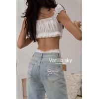 ราคา Vanilla sky Lady ribbon jeans กางเกงยีนส์เอวสูงปักโบว์ (21896776486)