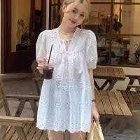 ราคา เสื้อลูกไม้แขนสั้น แขนตุ๊กตา สีขาวสไตล์ไทยๆ (21794335518)