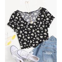 ราคา พร้อมส่งจากไทย เสื้อครอป ท็อป สีดำ ลายดอกไม้ ดอกเดซี่ ขอบย่น คอวี (17843111005)